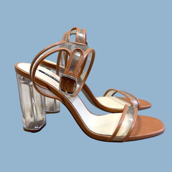 Zara lucite clear tan brown ankle strap block heels sandals size EU 39 US 8 - Picture 12 of 16